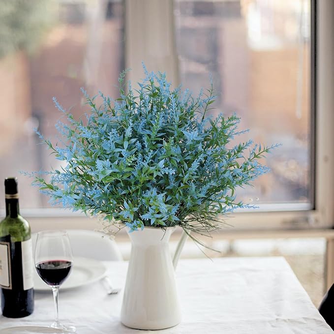RECUTMS Blue Outdoor Artificial Flowers UV Resistant Fake Outdoor Plants | 20Pcs,Fake Plastic Shrubs,Faux Greenery for Indoor Outside Hanging Plant Garden Porch Window Box Home Wedding Farmhouse Décor