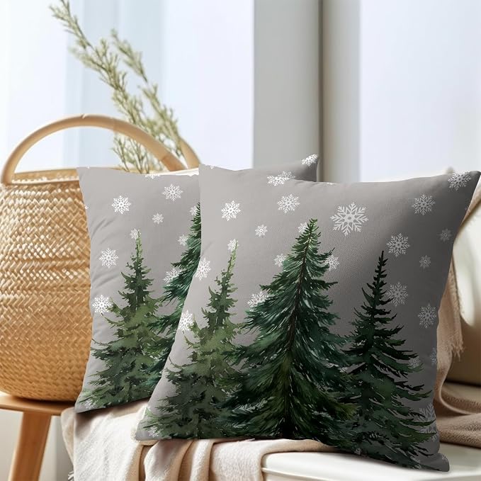 Kawani Winter Tree Throw Pillow Covers 16x16 Inches, Set of 2 Xmas Seasonal Snowflakes Forest Grey Cotton Linen Square Pillowcase for Chair Couch Sofa Bedroom Living Room Home Decor