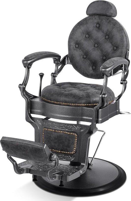Artist hand Retro Barber Chair Heavy Duty Barber Chairs Vintage Salon Chair Hydraulic Recline Beauty Spa Styling Equipment Rounded Cushioning with Puckered Button (Grey)