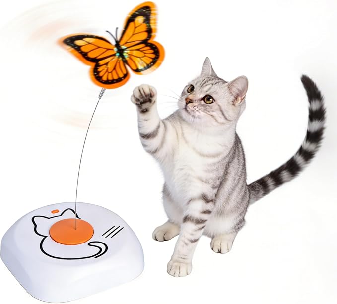 Interactive Cat Toy for Indoor Cats, Automatic Rotating Butterfly Feather Wand, Self Play Electric Cat Toy for Exercise & Mental Stimulation, Quiet Energy-Saving, AA Battery Operated