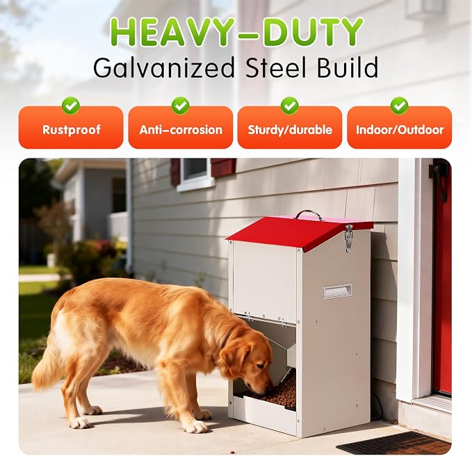 25 Lbs Automatic Dog Feeder for Large Dogs, Dog Food Dispenser | Galvanized Gravity Pet Feeder with Lockable Clear Gravity Door, Ideal for Dogs & Cats, Indoor and Outdoor Use, Wall Mountable