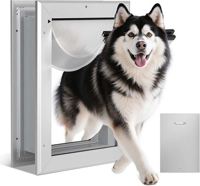Ownpets Aluminum Large Dog Door for Wall and Door, Double Flap Energy Efficient, Telescoping Tunnel and Lock Panel, Heavy Duty Doggy Door for Dogs Up to 100lbs | Inner 11.4* 17.7 For Dog ≤100lbs, Telescoping Tunnel, Double Flap Insulation Energy Effici...