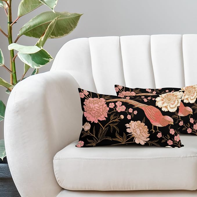 Flowers Birds Leaf Lumbar Pillow Covers 12X20 Inch Set of 2 Pink White Roses Floral Decorative Pillow Cases Art Black Gold Cotton Linen Cushion Case Vintage Home Decor for Sofa Couch Porch Outdoor