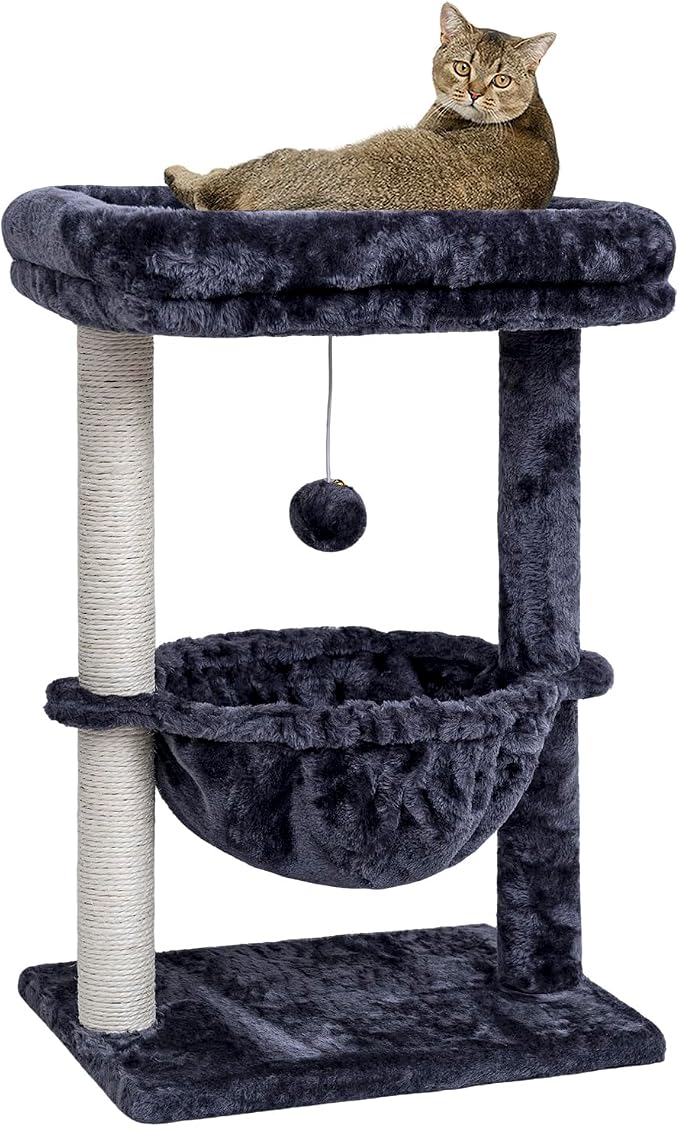 SYANDLVY Small Cat Tree for Indoor Cats, Activity Cat Tower for Kittens | Scratching Post, Cat Condo & Furniture with Basket & Hanging Ball for Play Rest, Smoky