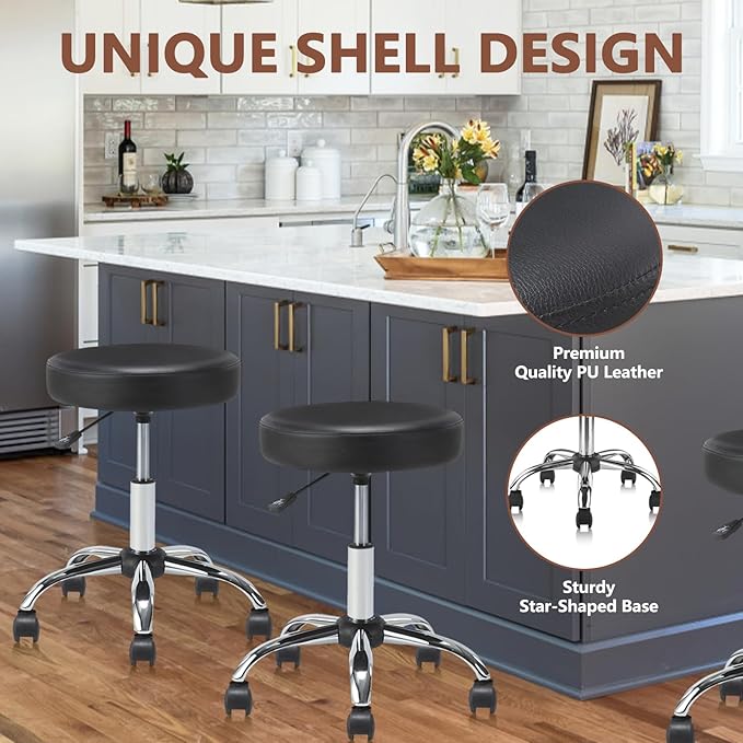 Set of 2 Round Rolling Stool Swivel with Wheels Adjustable Height Heavy Duty Wide Seat Drafting Stool Chair for Office Salon Massage Spa Medical Tattoo Beauty 2 Pack