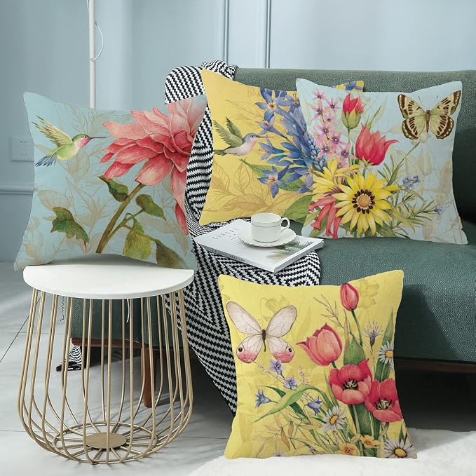 wyooxoo Spring Summer Pillow Covers 16x16 Set of 4 Decorative Throw Pillow Covers Linen Flower Butterfly Farmhouse Pillowcases for Sofa Couch Living Room Outdoor