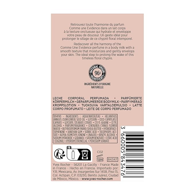 Yves Rocher Comme une Evidence Perfumed Body Lotion bottle, Paraben Free, Enriched with Sesame Oil and Organic Cornflower Water, Made in France, Bottle 200 ml (Body Lotion)
