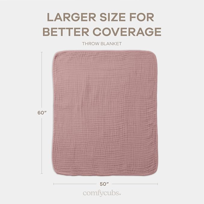 Comfy Cubs Adult Muslin Blanket 50x60” Throw Swaddle Blankets, Mauve | 6 Layer Soft, Breathable & Lightweight Muslin Adult Blanket - Machine Washable & Designed in the US Bedding for All Seasons