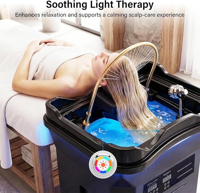 Head Spa Equipment with Thermostatic Waterfall Circulation, 60L Water Storage and 30L Wastewater Tanks, Mobile Shampoo Bowl with Fumigation & LED Therapy for Spa Bed Salon Scalp Care, Black