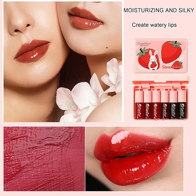 6 Colors Lip Tint Stain Set, Lip Gloss for Women, Mini Liquid Lipstick, Moisturizing Natural Korean Lip Gloss Set, Lip Stain Long Lasting Waterproof, Non-Stick Cup, High Pigment, Lip Makeup