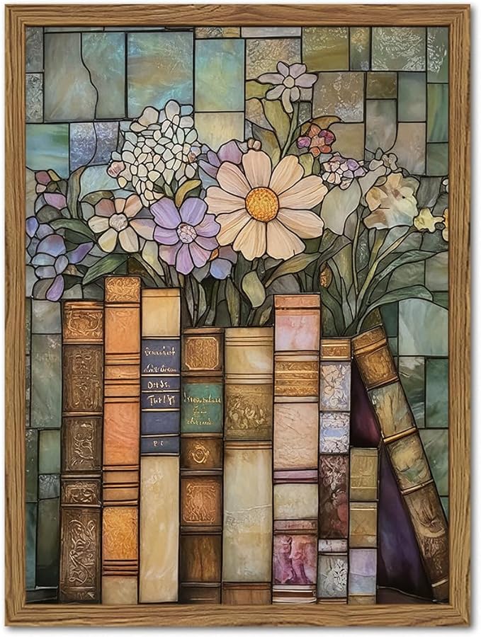 YYNISPIN Vintage Book Wildflower Wall Art Moody Stained Glass Book Lover Wall Decor Painting, Whimsical Reading Nook Library Poster Canvas Prints for Cottage Bedroom Living Room 16x24 inch Frame