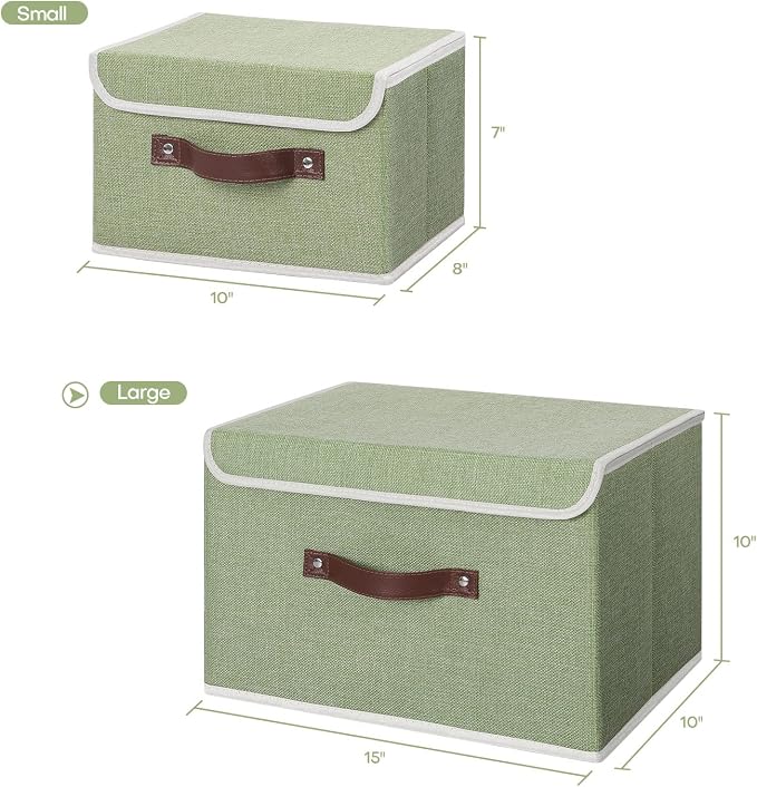 ANMINY Fabric Storage Box Bins with Lids, Green, 15"x10"x10", 2 Pack | Keepsake Memory Storage, Cotton Linen, PP Board Reinforced, Washable, PU Handles, Foldable & Stackable, Decorative, Large