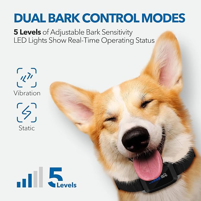 DOG CARE Rechargeable Dog Bark Collar with Intelligent Bark Control, Vibration, Effective Sound, Shock Training Modes for Dogs with 5 Adjustable Levels, Dog Shock Collar with LED Indicator