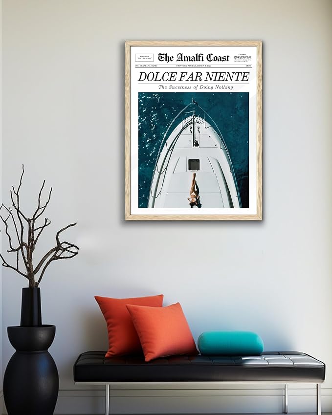 EcoHest 16x20 in Dolce Far Niente Newspaper Framed Wall Art | Solid Oak Wood Frame, Canvas Wall Art, Italian Summer Newspaper Wall Decor for Living Room, Bedroom, Apartment, Dorm, 1Pack