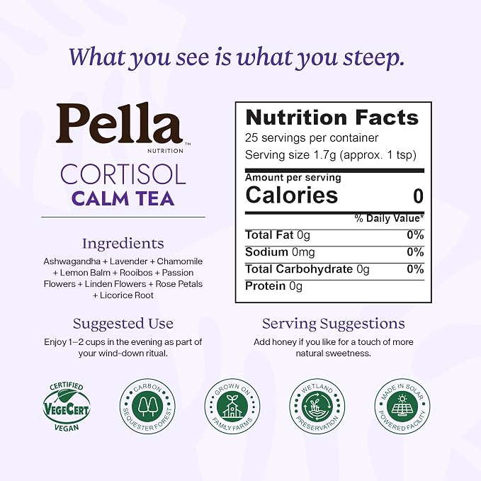 Cortisol Calm Tea – 9-Herb Relaxation Formula – Ashwagandha Chamomile Lavender Lemon Balm Rooibos Passion Flowers Linden Flowers Rose Licorice – Vegan Kosher Caffeine-Free Loose Leaf Tea – 25 Servings