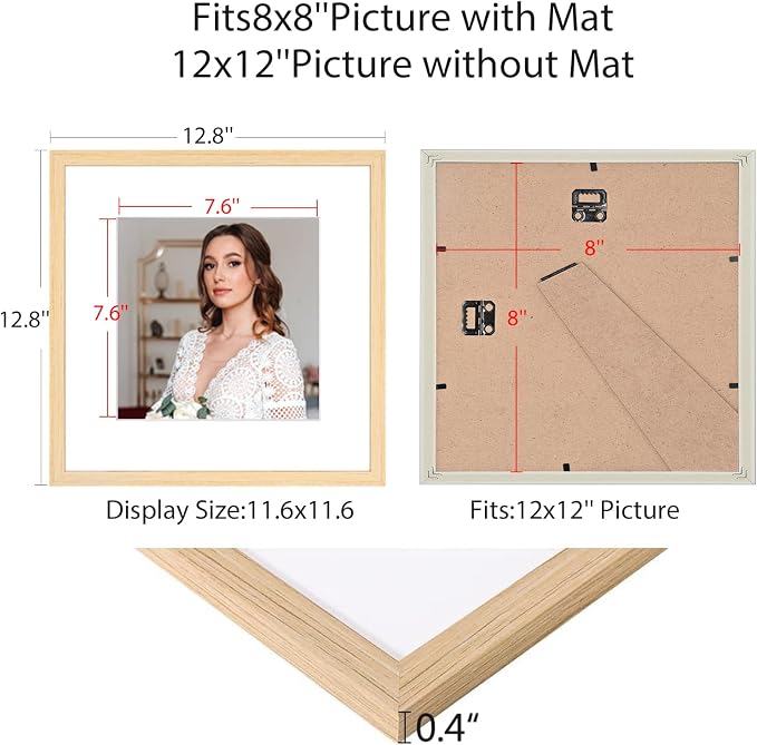 12x12 Picture Frame Set of 9, Display Pictures 8x8 with Mat or 12x12 without Mat, Multi Collage Gallery Square Photo Frames for Wall or Tabletop, Natural Wood
