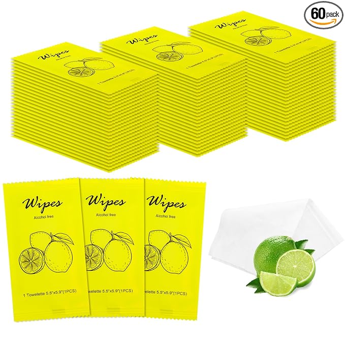 Individual Hand Wipes Wet Wipes Travel Size,Wet Wipes Individually Wrapped | 60PCS Bulk Cleansing Travel Size Wipes for Wedding Travel Restaurant Barbecue(Lemon)