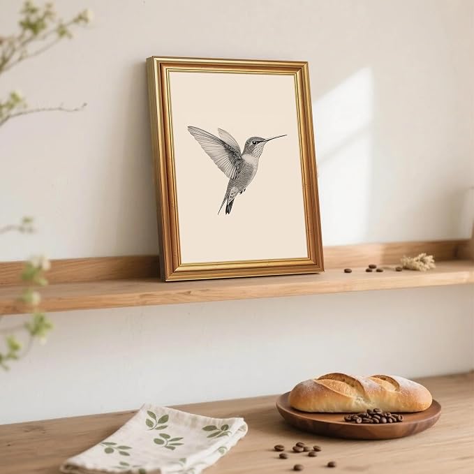 JLTULT Vintage Hummingbird Wall Art, Gold-Tone Framed Canvas, 8 x 10 In | Black-and-white hummingbird art on fade-resistant canvas with a ready-to-hang gold-tone PS frame for bedrooms and offices