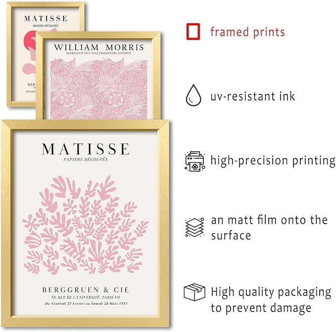 16 PCS Framed Pink Wall Art Decor, Matisse Wall Prints for Bedroom, Gallery Wall Frame Set, Minimalist Posters for Living Room Aesthetic, Collage Kit, Teen Girls Dorm Home Artwork
