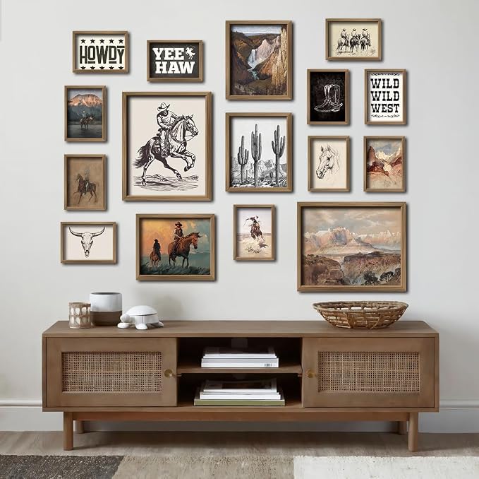 ANERZA 16 PCS Framed Western Wall Art Decor, Southwestern Gallery Wall Frame Set Prints for Bedroom Bathroom, Cowboy Posters for Living Room Aesthetic, Dorm Home Artwork Collage Kit