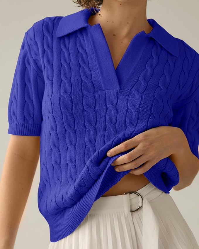 Imily Bela Womens Cable Short Sleeve Sweaters Tops Lapel V Neck Knit Shirt | Solid,Knit Casual,Soft Pullover,Fall Sweaters,Womens Summer Work Tops