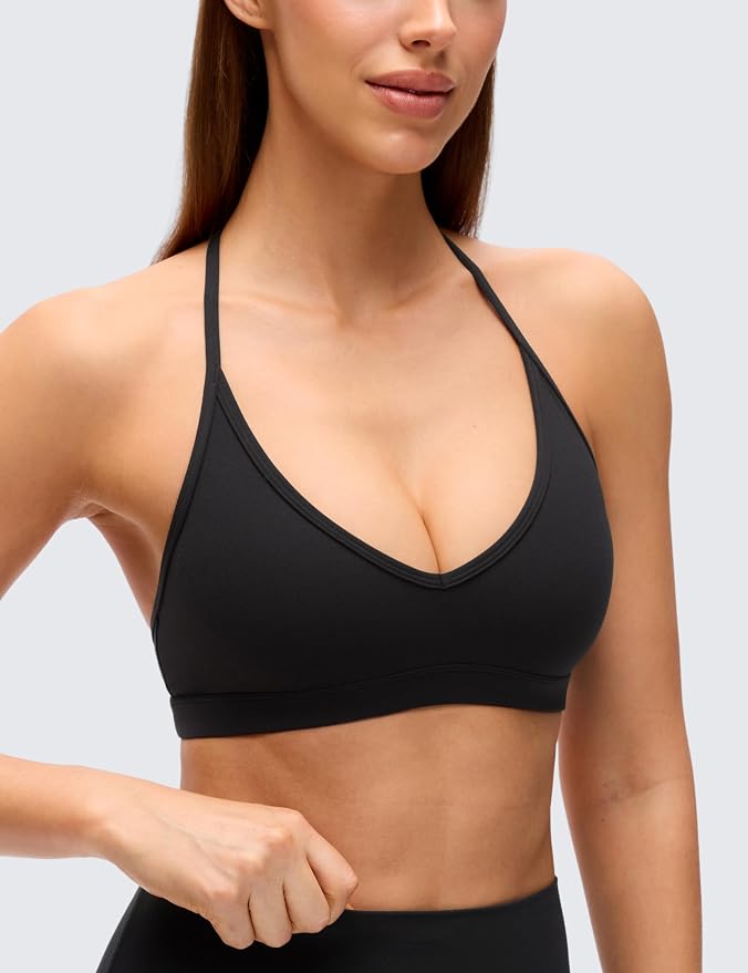 CRZ YOGA Butterluxe Soft Double Lined T-Back Sports Bras for Women - V Neck Adjustable Strap Yoga Crop Top Casual Non Padded