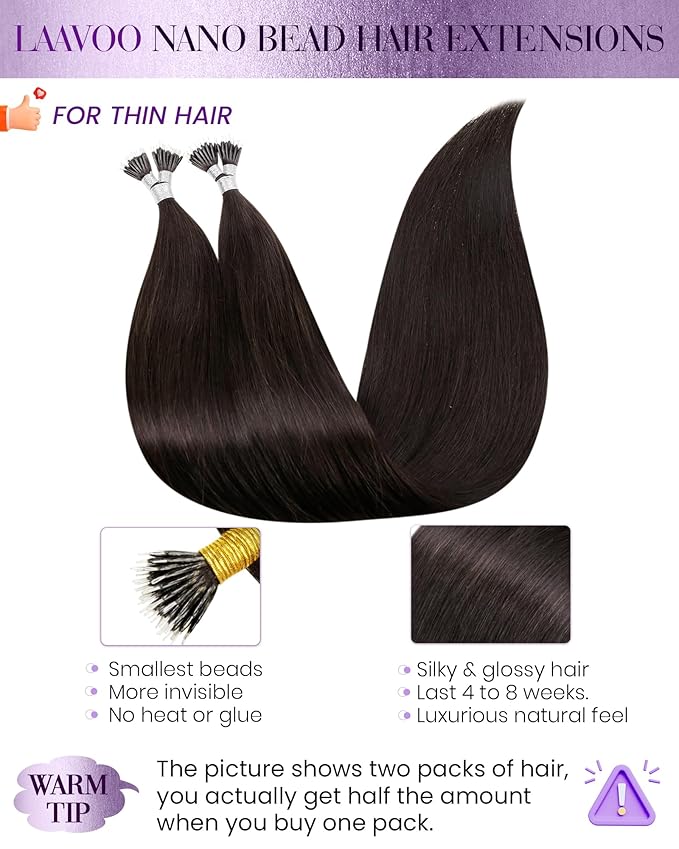 LaaVoo Darkest Brown Nano Bead Hair Extensions Human Hair Brown Nano Ring Hair Extensions Brown 50s 50g 18 Inch