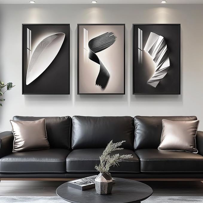 Large Framed Modern Abstract Wall Art 3 Piece Set, Black and White Decorative Artwork, Minimalist Trendy Line Geometric Bright Style Pictures Prints for Living Room Hallway and Office 20x30 Inch