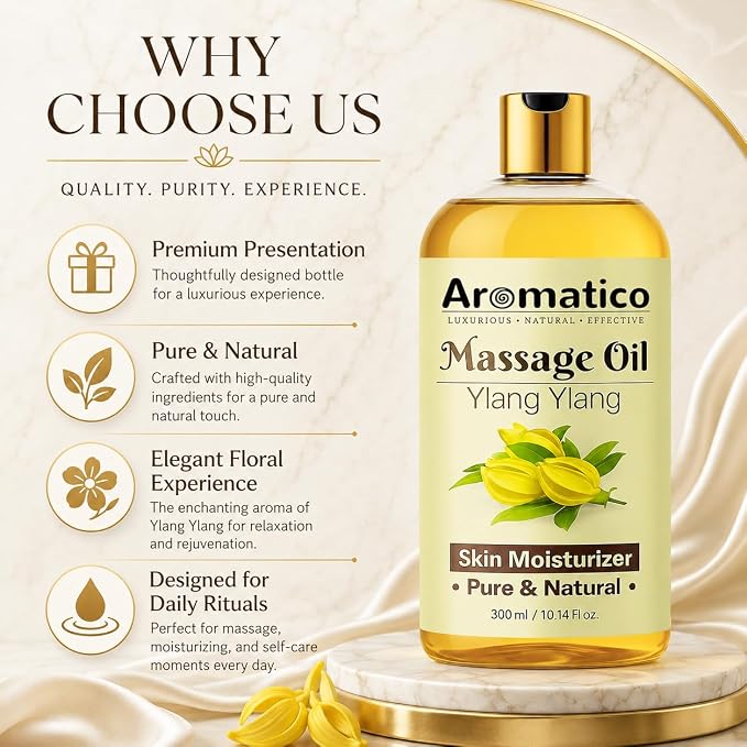 Aromatico Ylang Ylang Massage Oil 10.1 fl oz – Floral Body Oil for Relaxation & Skin Nourishment – Lightweight, Non-Greasy, Fast Absorbing Massage Oil for Spa & Daily Use