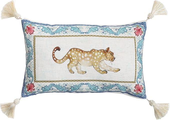 patdrea Designer French Vintage Linen Throw Pillow Cover,12"x20"-Fromm B | Elegant Decorative Pillow Case,Leopard Print with Tassel,Pillow Cover for Couch Living Room Bedroom Sofa