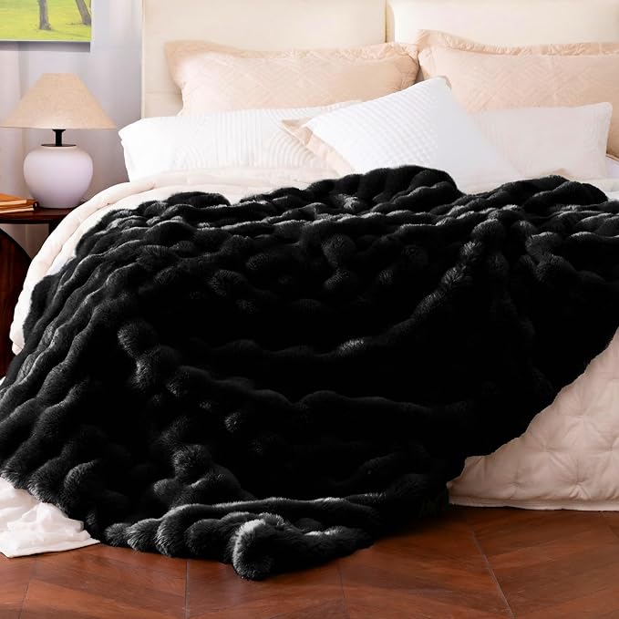Ultra Soft Cozy Faux Fur Throw Blanket, Fuzzy Plush Thick Bubble Blanket, Luxury Fluffy Blanket for Couch, Sofa, Bedroom, and Living Room, 50x60 Inches, Black