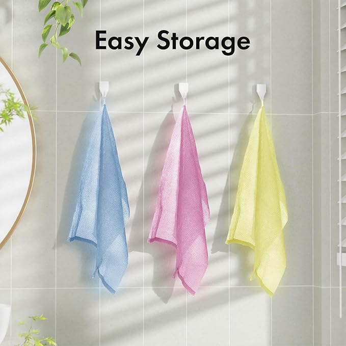 Bathway Exfoliating Washcloth, Nylon Bath Towel Body Scrubber with Hanging Strap, Back Scrubber for Shower Japanese Washcloth Loofah - Deep Clean & Rich Lather (Blue & Rose Red & Yellow, Pack of 3)