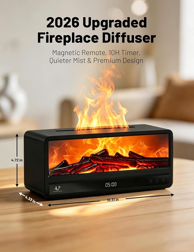 Fireplace Aroma Diffuser for Bedroom Nightstand, Essential Oil Diffuser with Realistic Flame Effect, Remote Control, Timer Auto-Off, 7 Color LED Ultrasonic Aromatherapy Diffuser for Home Office Decor