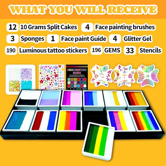 48 Colors Face Painting Kit for Kids & Adults, Non-Toxic Water Based Face Paint Palette with12 Rainbow Split Cakes +4 Sequins Gels, Includes Brush,Stencils,Glow Stickers Halloween Christmas Body Paint
