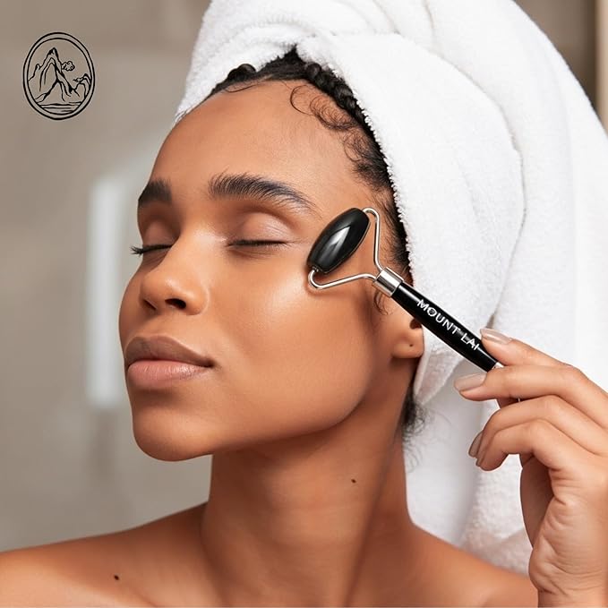 Mount Lai Warming Black Obsidian Facial Roller – The Stone of Clarity, Detoxifying Face Roller Tool for Purified Skin, Relaxation & Improved Circulation, Facial Massager Tool for Self-Care Ritual
