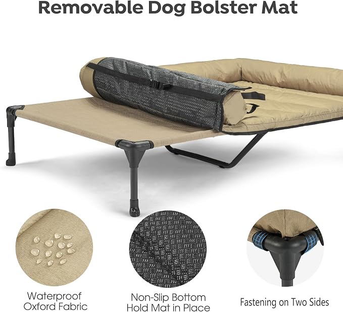 Veehoo Outdoor Elevated Dog Bed with Waterproof Bolster Cushion, Cooling | Raised Dog Bed with Removable & Washable Mat Topper, Breathable Mesh, Dog Couch Cot for Indoor Outdoor, 49", Large, Beige
