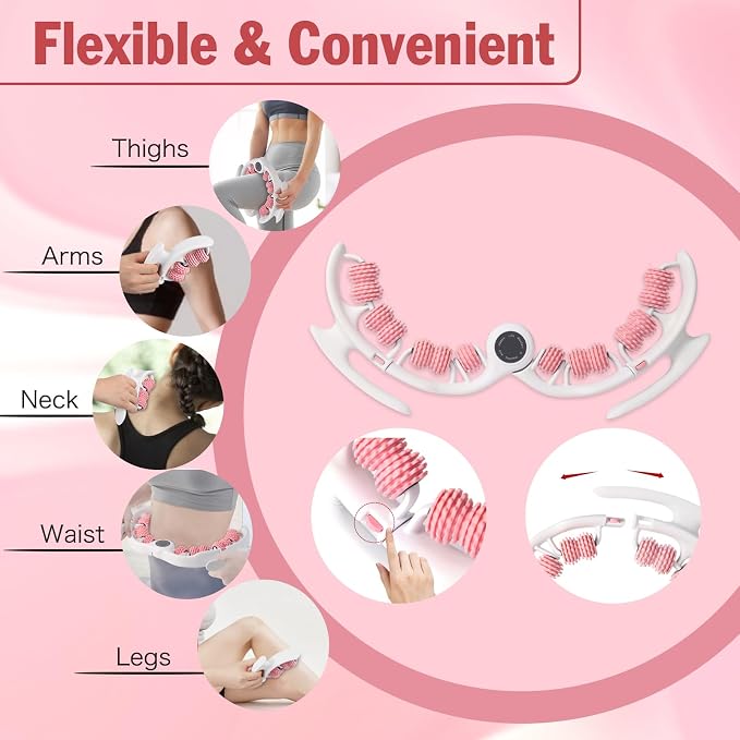 Cellulite Massage Tool Lymphatic Drainage Massager for Thighs & Legs & Buttocks, Anti Cellulite Roller with Detachable Handles Fascia Massage Tool for Contoured & Smoother Skin, White-Pink