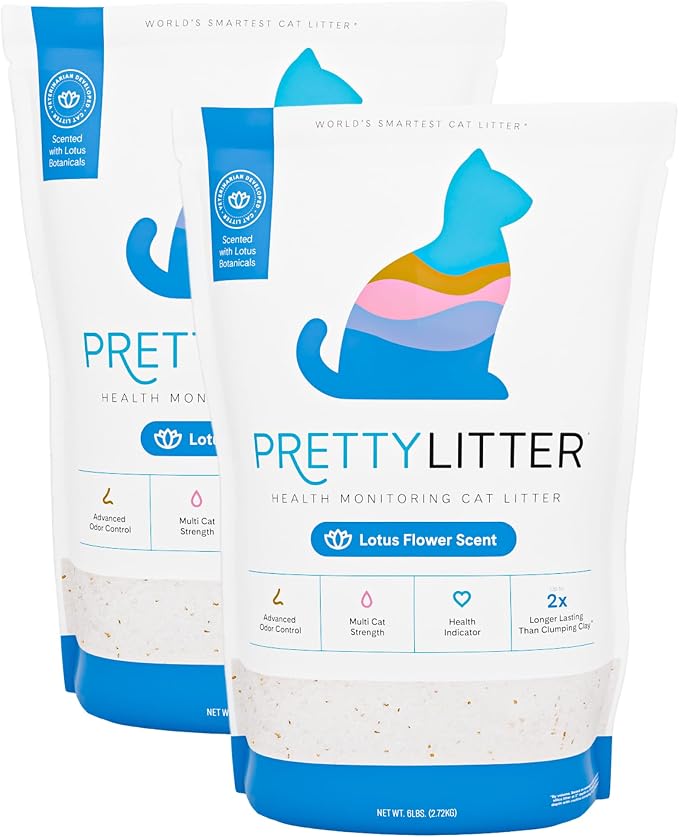 PrettyLitter Health Monitoring Cat Litter, Lotus Flower, 2-Pack, 6 lb. Bags | Up to 2 Months Supply, Non-Clumping, Advanced Odor Control, Automatic Litter Box Compatible, Color Changing Silica Crystals