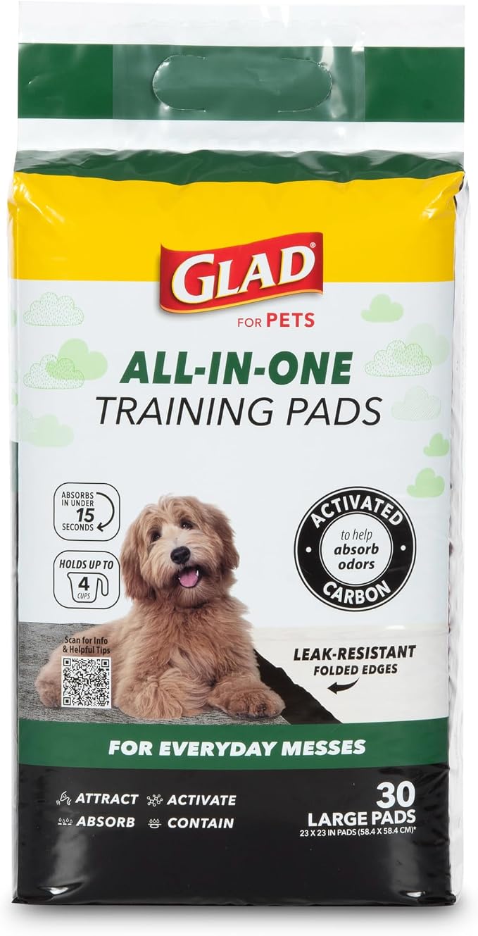 Glad for Pets Activated Carbon Disposable Dog Training Pads, 100 Count | Ideal for puppies, senior dogs, incontinence, and post-surgery, ultra-absorbent, keeps floors & crates dry, 23 x 23 in