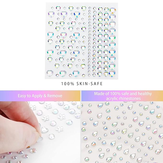 Rhinestone Face Gems Stickers, 4 Sheets Self-Adhesive Face Jewels Diamonds Rhinestones for Makeup Stickers, Body Face Eye Nail Makeup Stickers Temporary Tattoos for Women and Girls