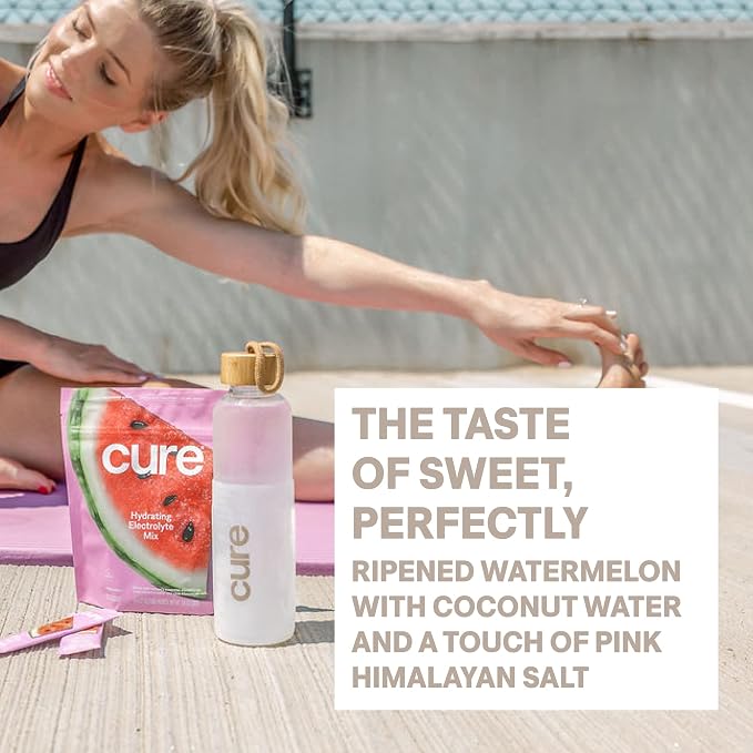 Cure Hydration | Plant-Based Electrolyte Drink Mix | No Added Sugar | FSA-HSA | Dehydration Relief Powder Made with Coconut Water | Non-GMO | Vegan | 28 Servings Jar - Watermelon