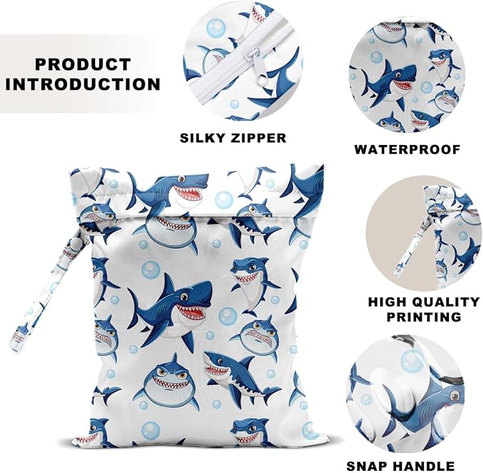 2 PCS Shark Travel Laundry Bags 12x10 Inch, Waterproof Reusable Wet Bag with Handle, Wet Dry Bag for Swimsuit Travel Beach Pool Diapers Dirty Yoga Gym Clothes Stroller Toiletries Daycare Organizer
