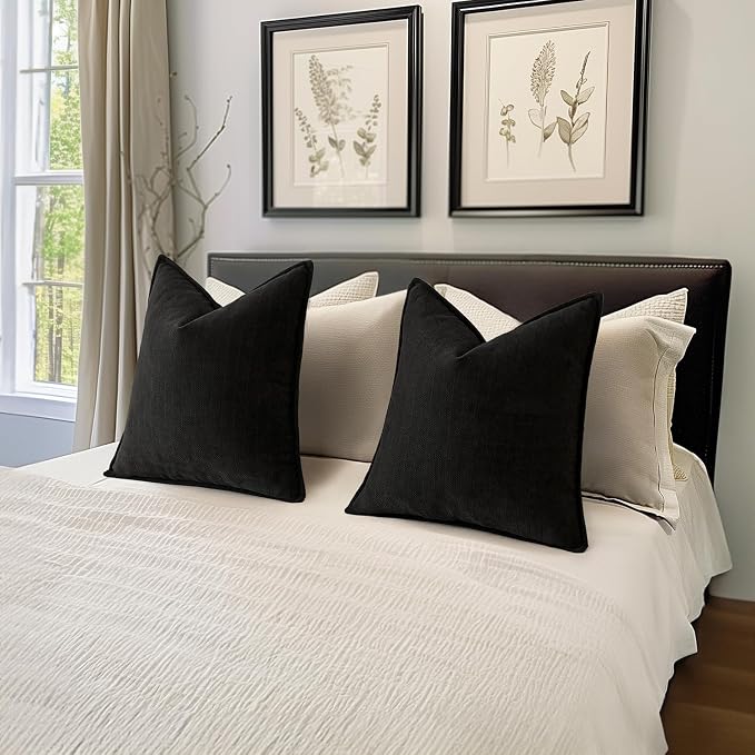 MIULEE Pack of 2 Black Euro Shams Chenille Pillow Covers 22x22 Inch | Decorative Soft Couch Throw Pillows,Farmhouse Cushion Covers,Elegant Design for Sofa,Bed,Living Room,Summer Decor