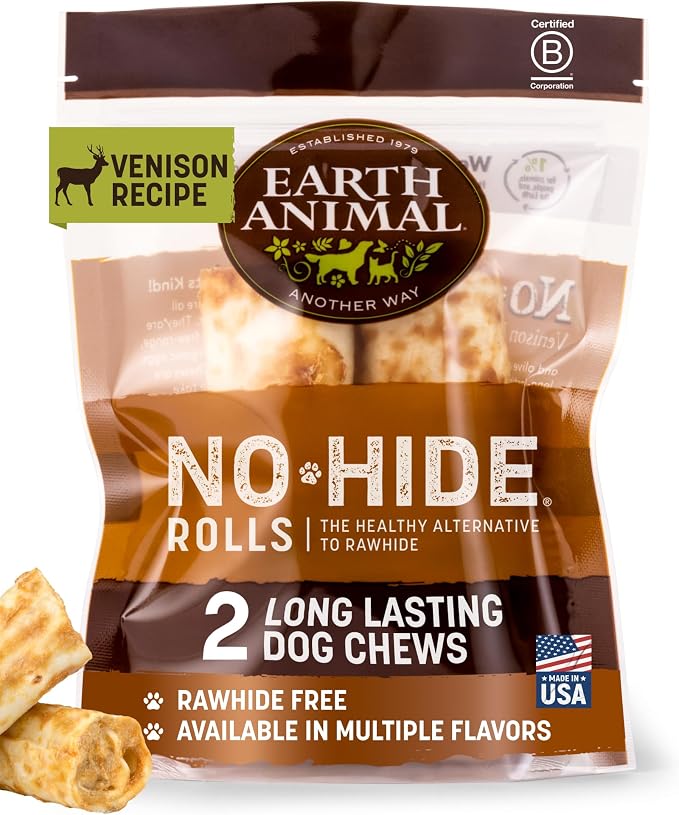 Earth Animal No Hide Dog Chews - Rawhide Free Small Rolls 2 Count Venison | Small Rolls Venison Flavored Natural Rawhide Free Long Lasting Dog Chews - Pet Treats for Small Dogs