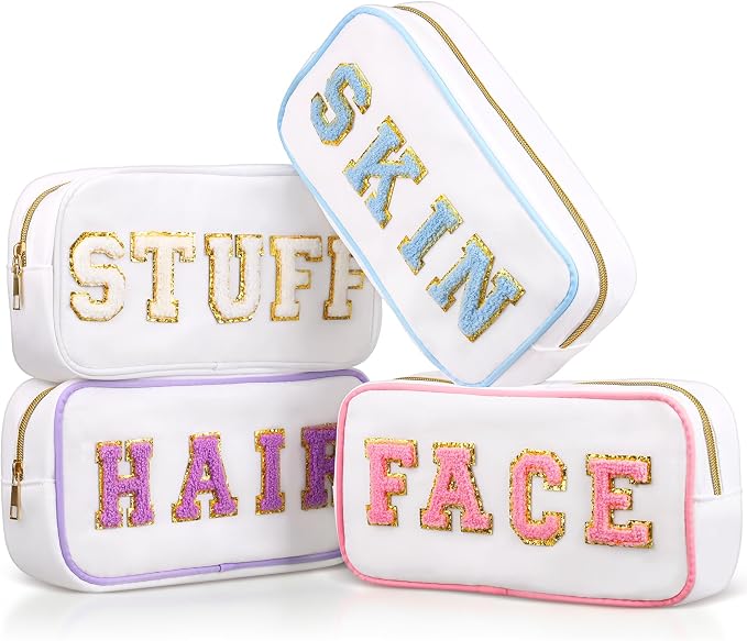 Preppy Makeup Bags Chenille Letter Stuff Bag Nylon Cosmetic Pouch Cases with Zipper for Women Travel Toiletry(White Set,Novel,4 Pcs)