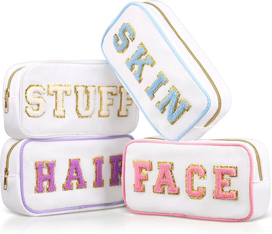 Preppy Makeup Bags Chenille Letter Stuff Bag Nylon Cosmetic Pouch Cases with Zipper for Women Travel Toiletry(White Set,Novel,4 Pcs)