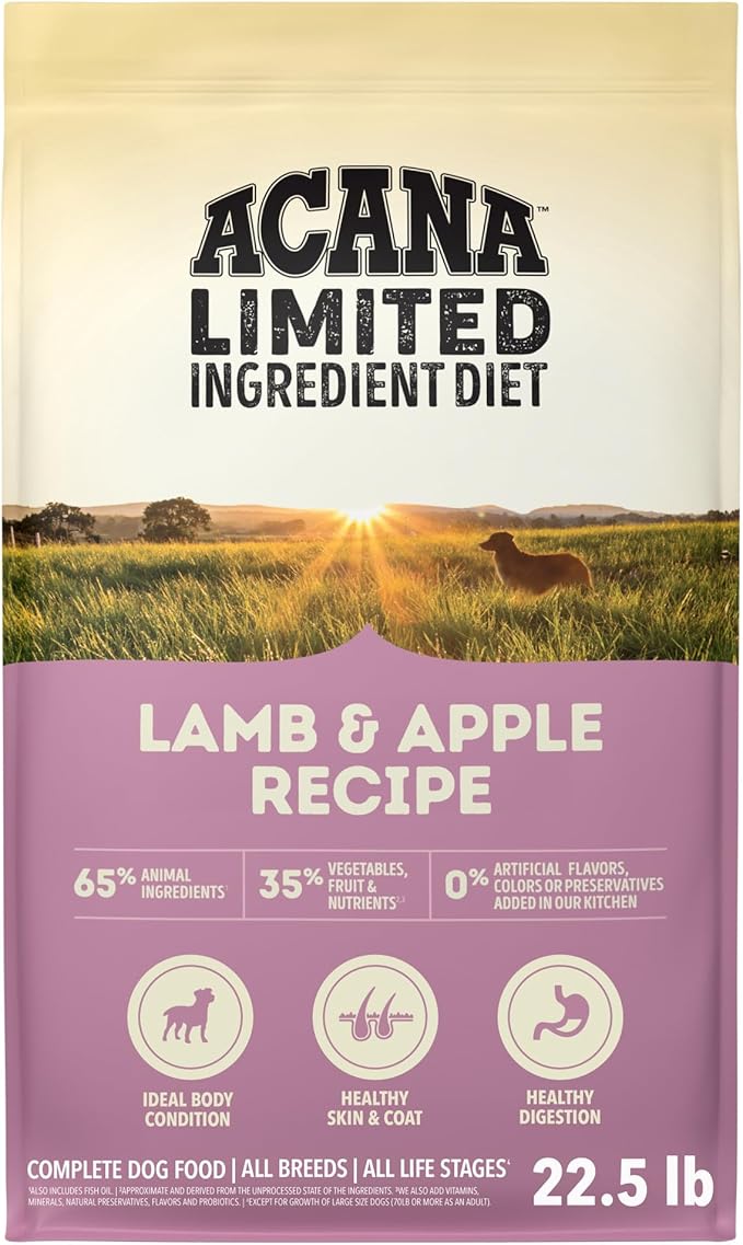 ACANA Singles Limited Ingredient Dry Dog Food Lamb & Apple 22.5lb Bag | Sensitive Stomach, Grain Free, High Protein, Made in the USA, Includes Probiotics, Omega-3 Fatty Acids, Limited Ingredient