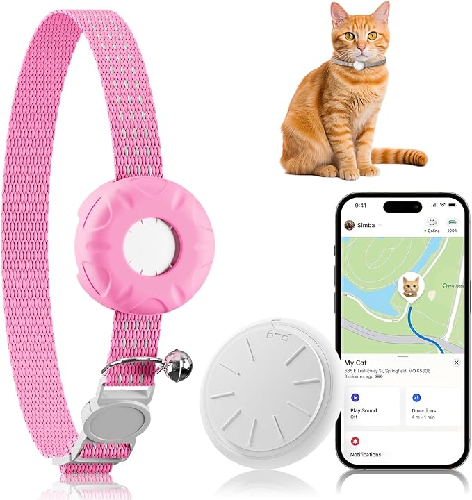 Smart Cat GPS Tracker, Cat GPS Tracker Compatible with Apple Find My App (Only iOS), No Monthly Fee, Waterproof (White Tracker, Pink Cat Collar)