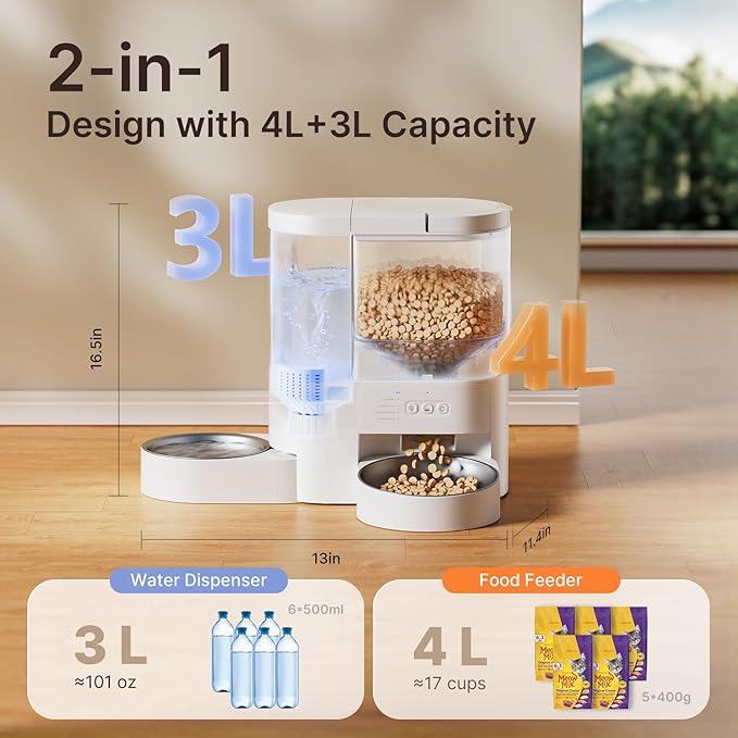 Automatic Cat Feeder and Water, 5G WiFi App Control Cat Dry Food Dispenser | 2-in-1 Auto Cat Feeder, 10s Voice Recording, 4L Food & 3L Gravity Waterer, 10 Meal 1-15 Portion Programmable for Multiple Pet