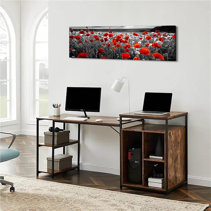 Nature Poppy Wall Art Red and Black Wall Decor Wildflower Field Landscape Picture Canvas Prints Sunrise Poppies Floral Painting Botanical Poster Artwork Living Room Bedroom Home Decorations 14x48”
